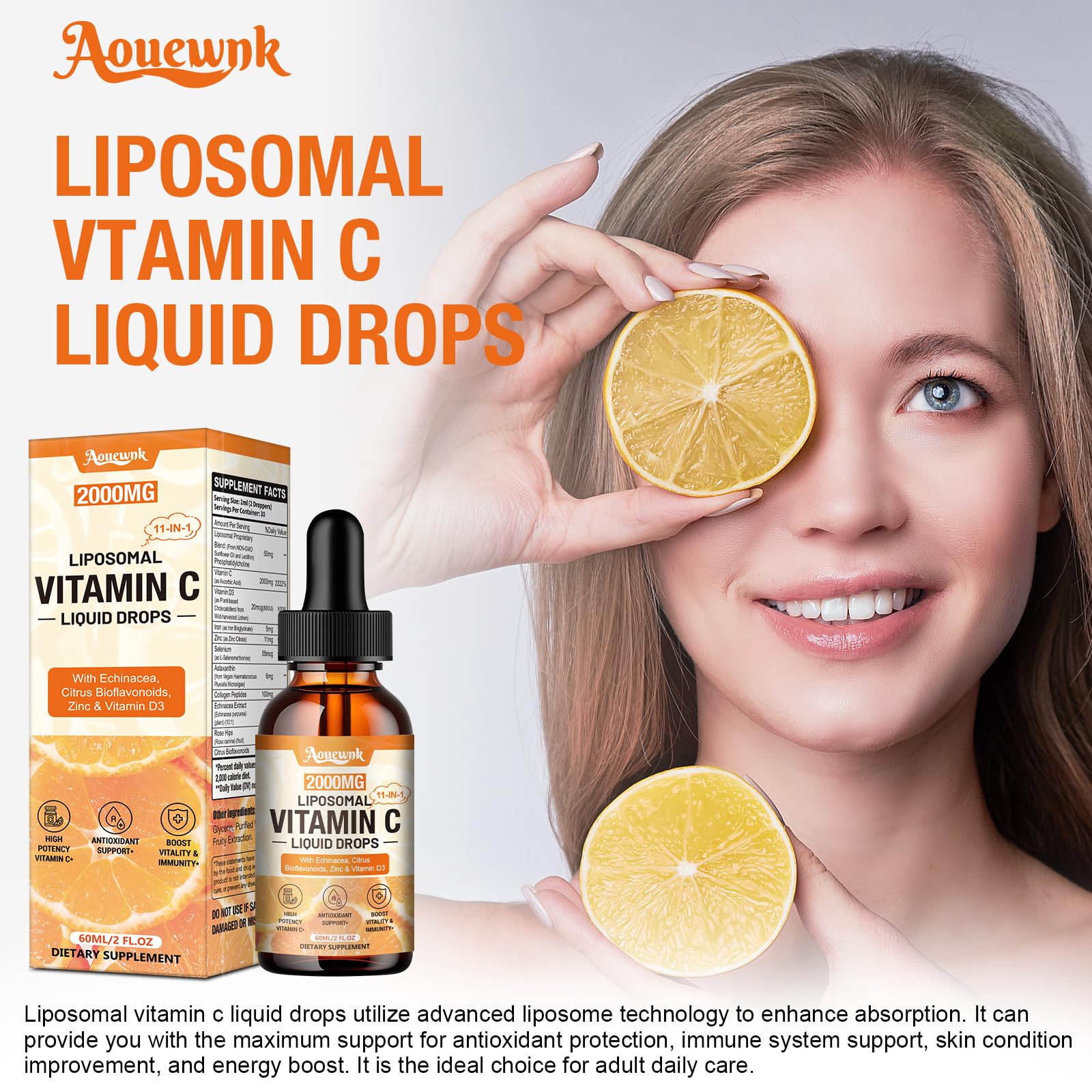 Aouewnk Liposomal Vitamin C Liquid Drops 2000mg with measuring spoon
