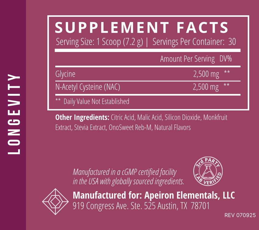 Apeiron Elementals NAC + Glycine Powder Peach Mango nutritional information