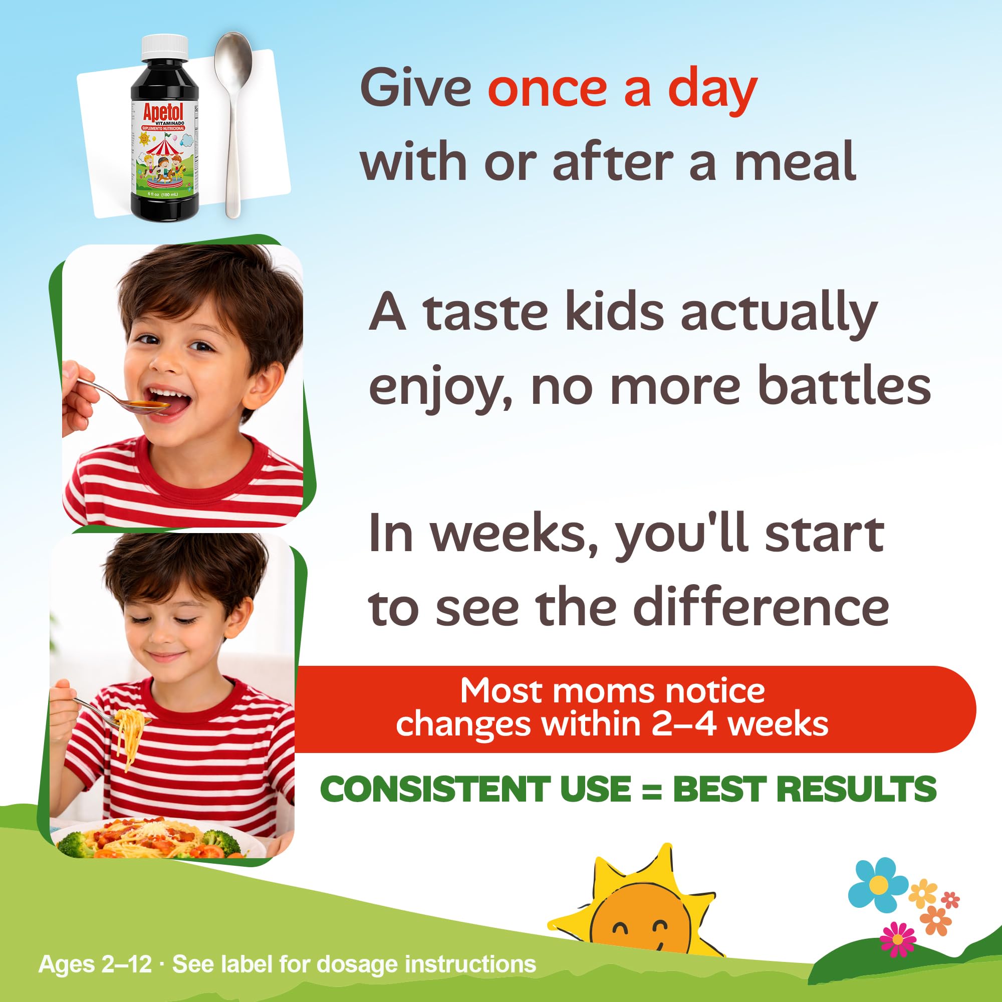 Apetol Liquid Multivitamin for Kids 340g on kitchen table