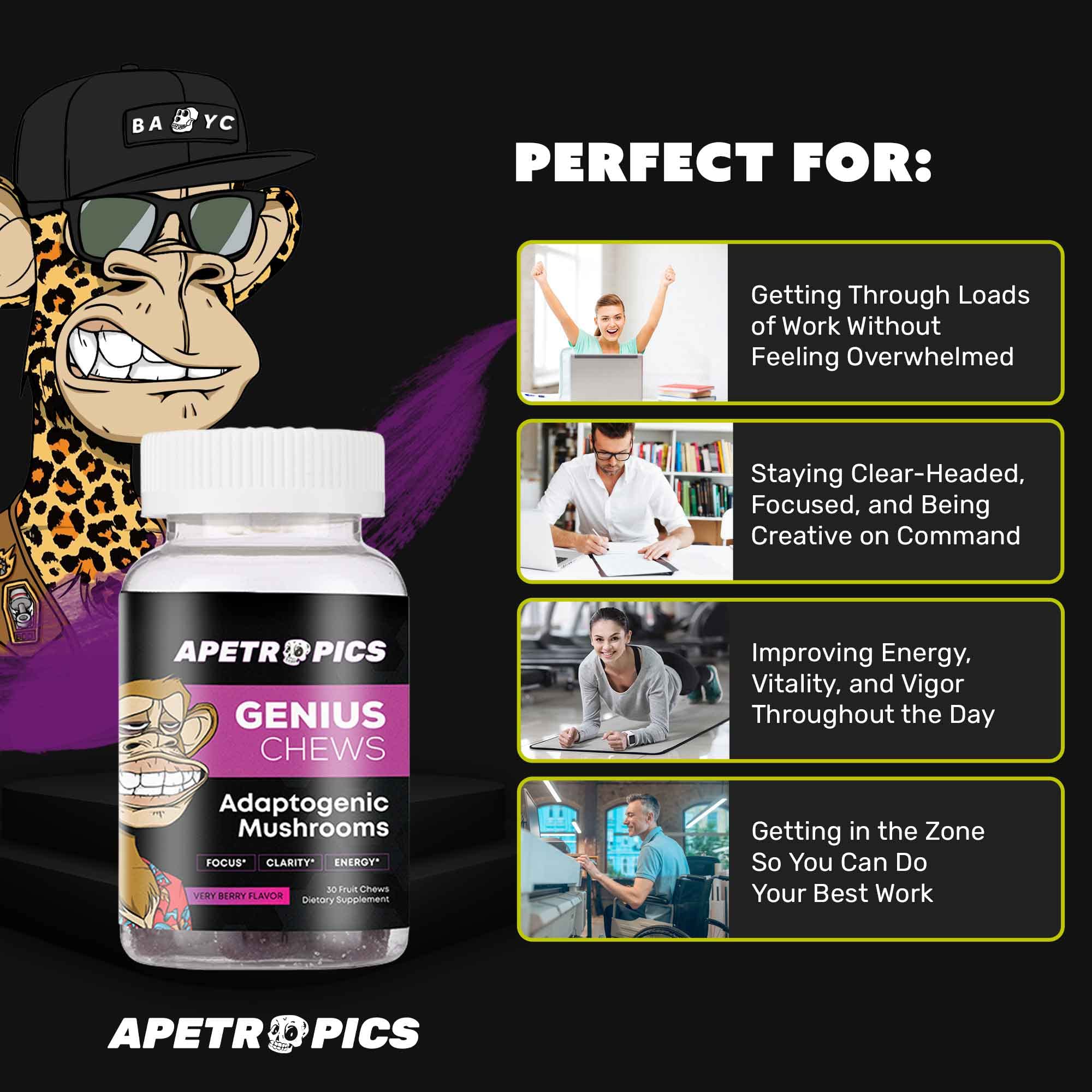 Apetropics Genius Chews Mushroom Gummies with a fruit background