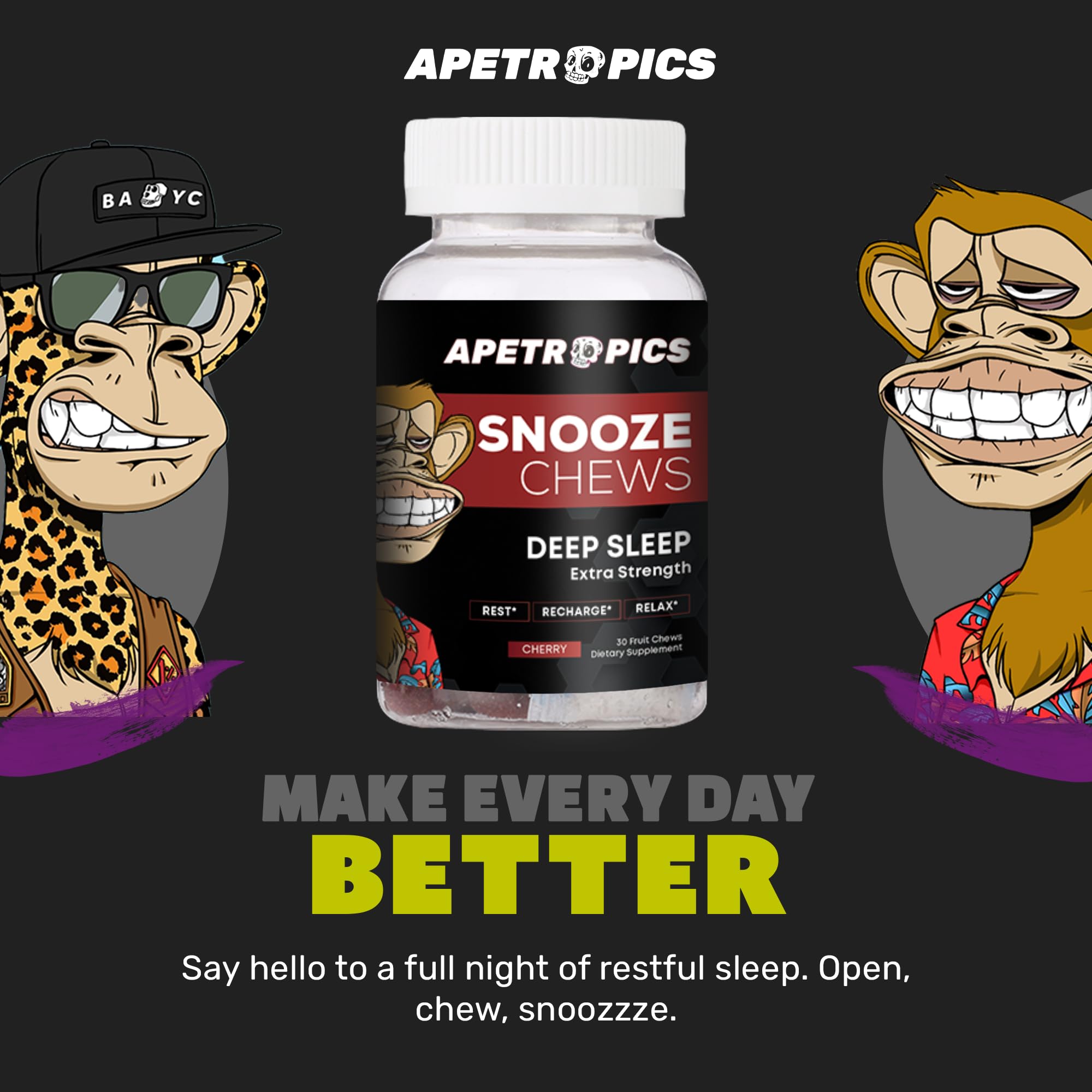 Apetropics Snooze Chews displayed on a nightstand