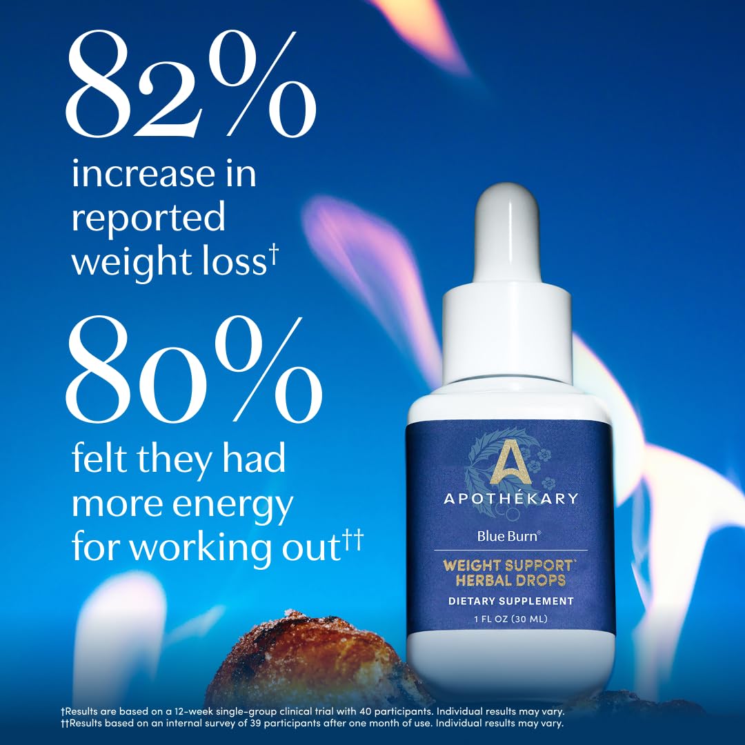 Apothékary Blue Burn herbal liquid supplement on a wooden table