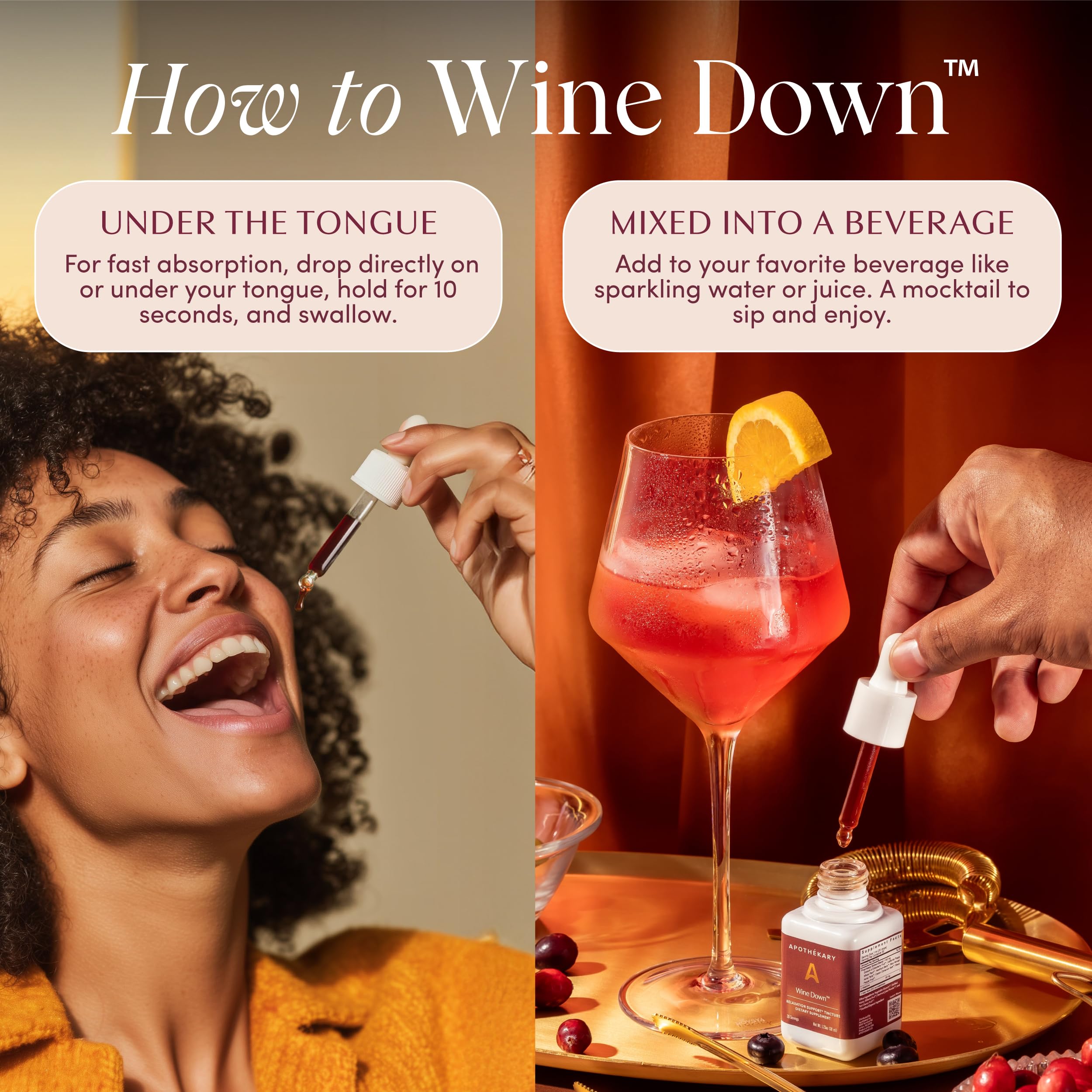 Apothékary Wine Down Herbal Drops in a glass with berries