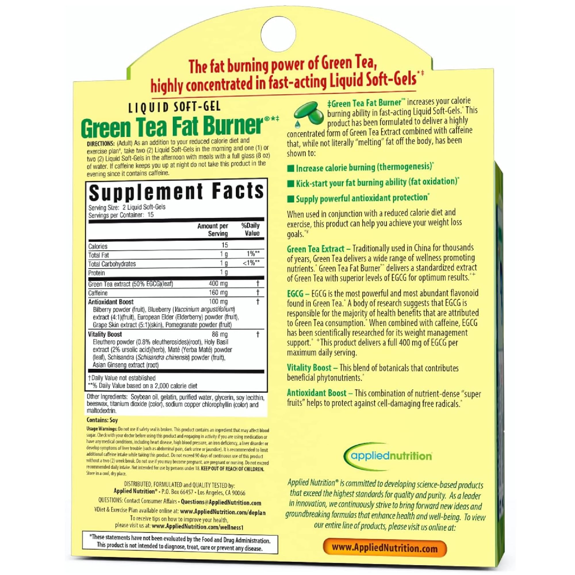 Applied Nutrition Green Tea Fat Burner 272g soft-gels with fresh green tea leaves