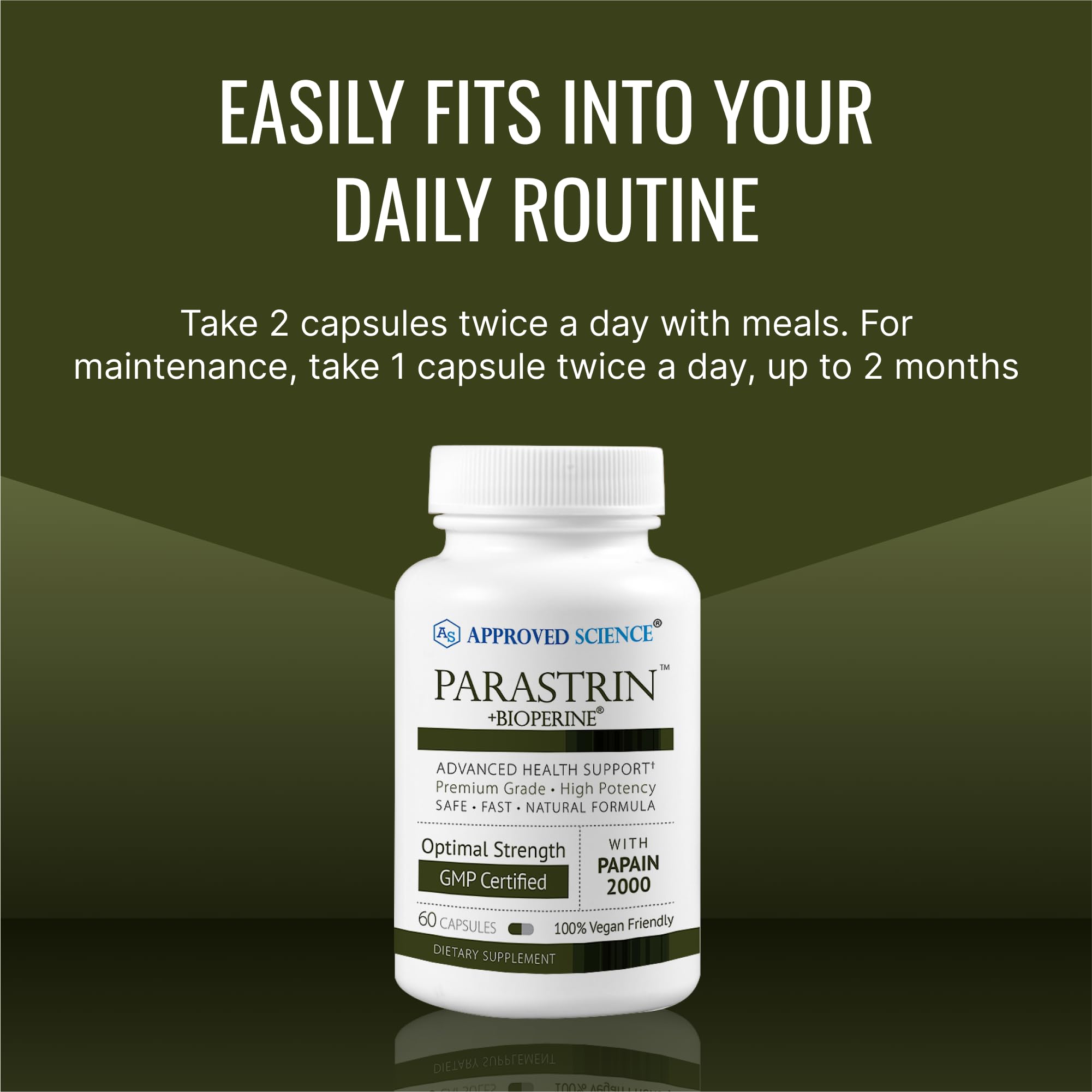 Approved Science Parastrin Garlic Supplement packaging and capsules