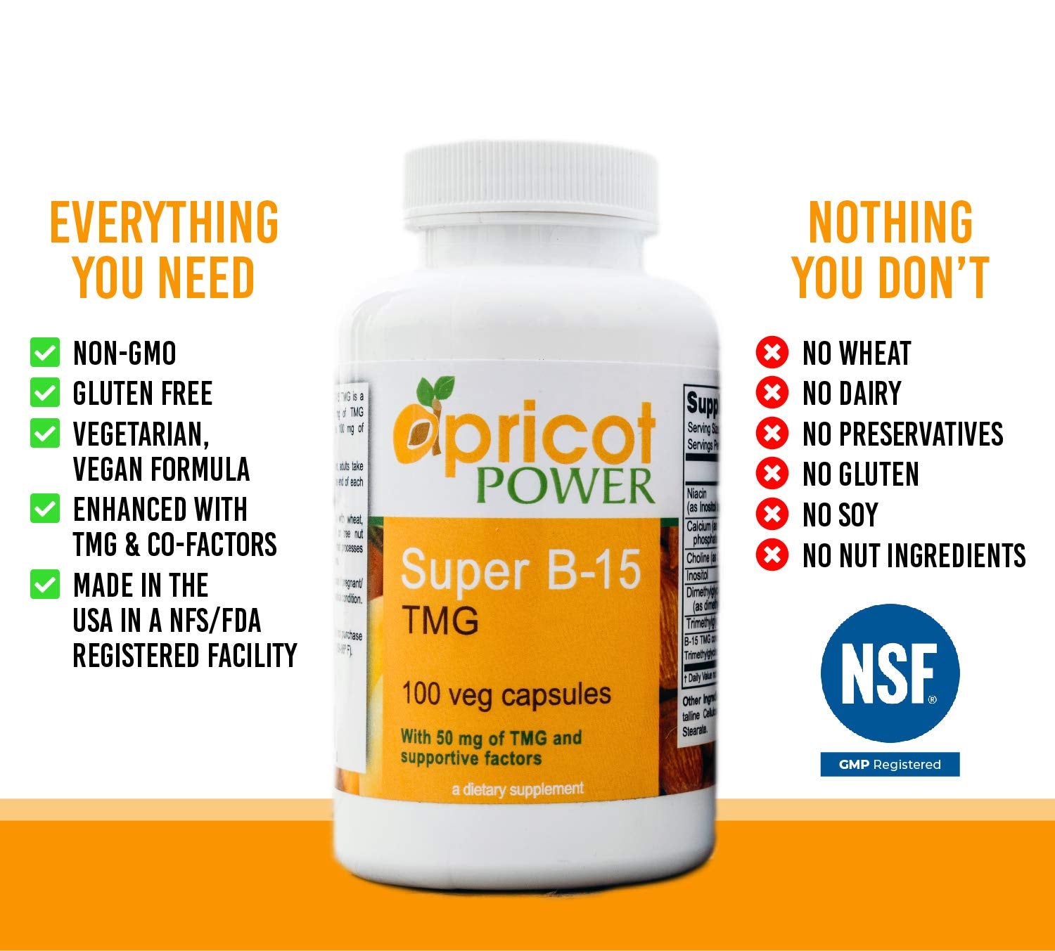 Apricot Power Pangamic Acid B-15 TMG supplement capsule close-up