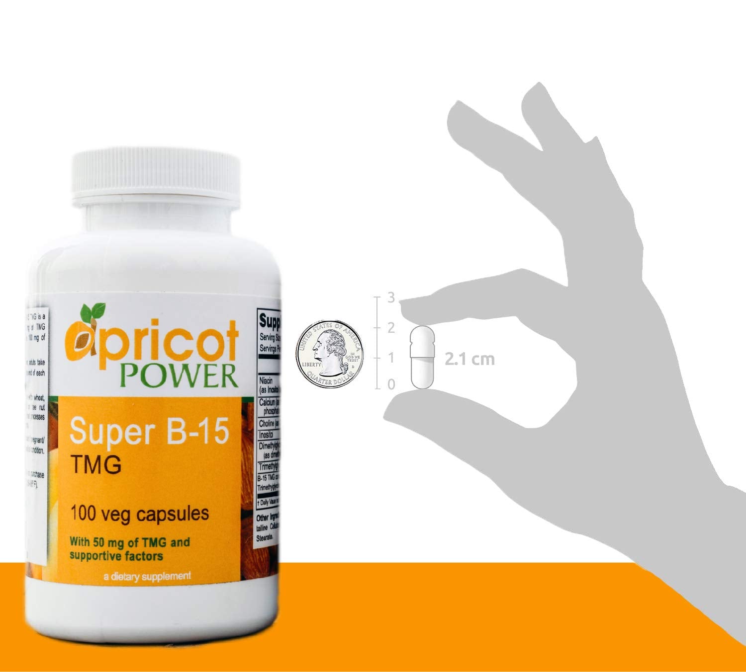 Apricot Power Pangamic Acid B-15 TMG supplement on a wooden table