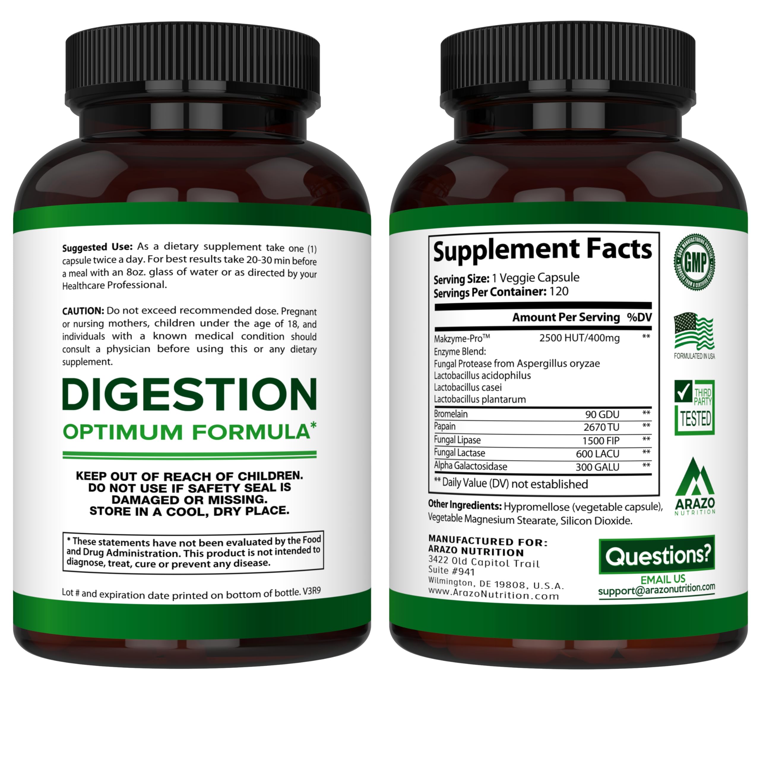 Arazo Nutrition Multi-Enzymes 400mg side view of bottle