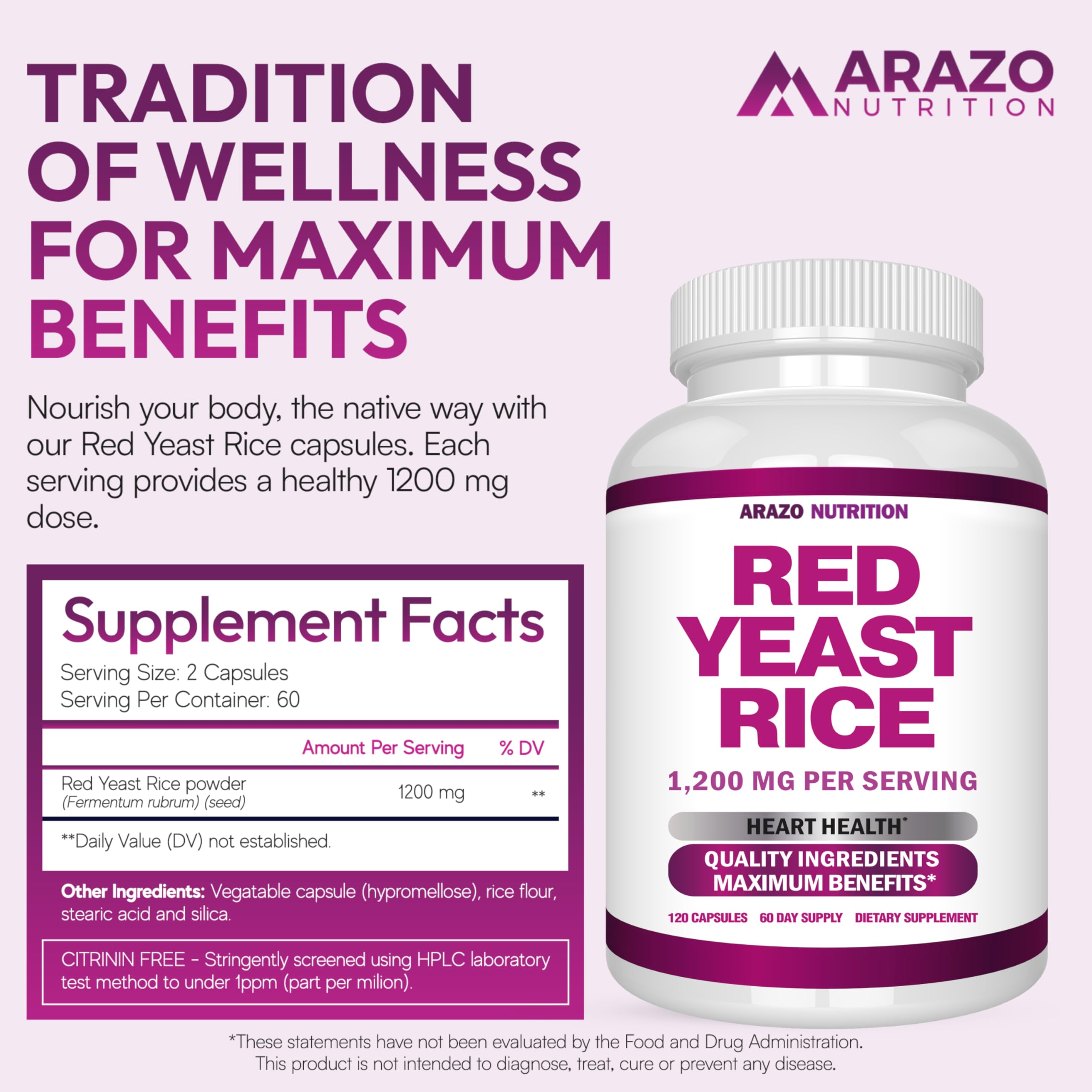 Arazo Nutrition Red Yeast Rice 1200mg capsules side view