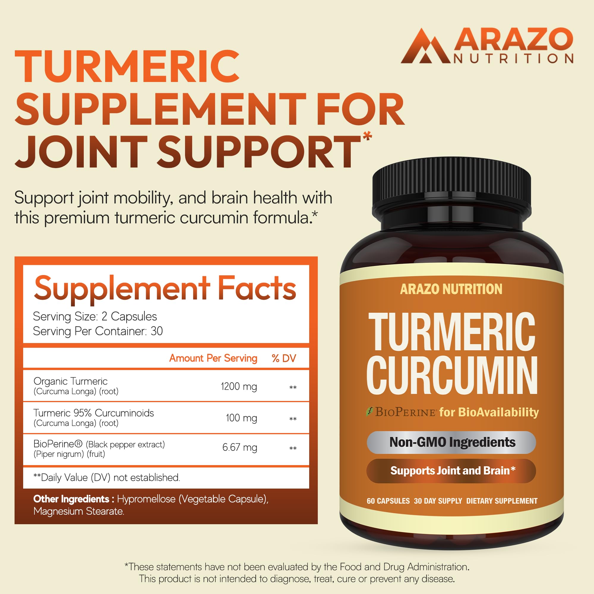 Arazo Nutrition Turmeric Supplement 1300mg side view