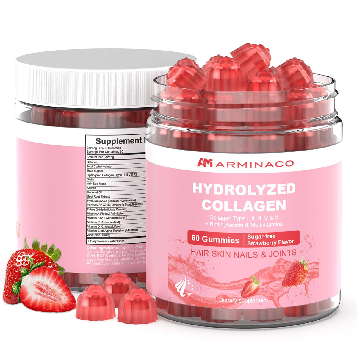 ARMINACO Multi-Type Collagen Gummies front view with strawberry flavour