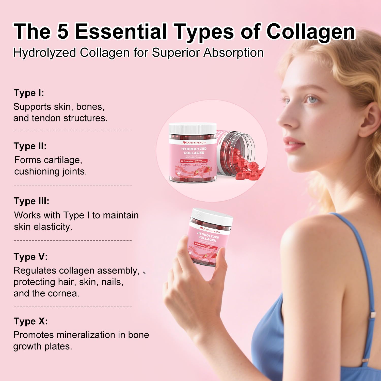 ARMINACO Multi-Type Collagen Gummies nutritional information on bottle