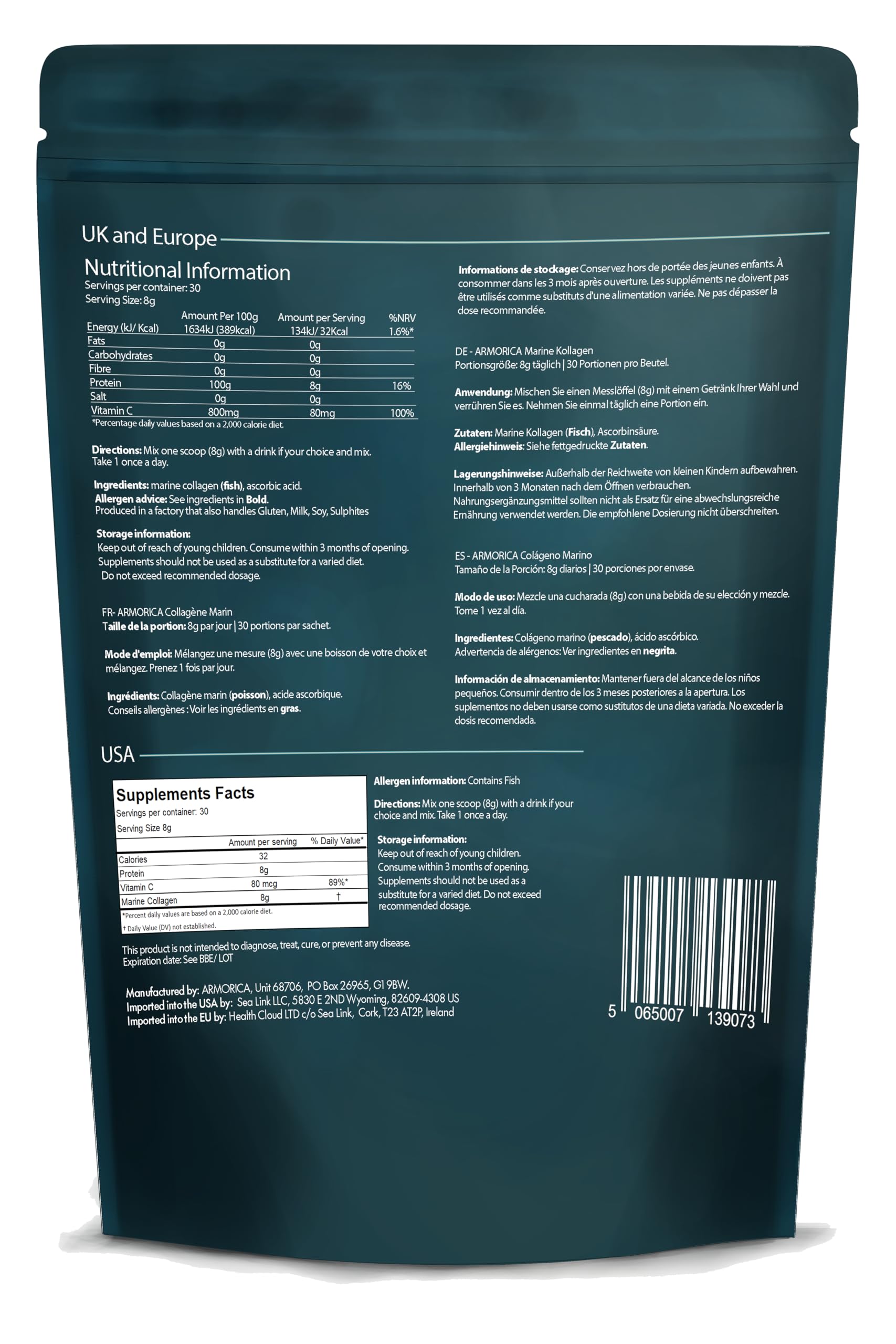 ARMORICA Marine Collagen Powder 230g back view with nutritional information