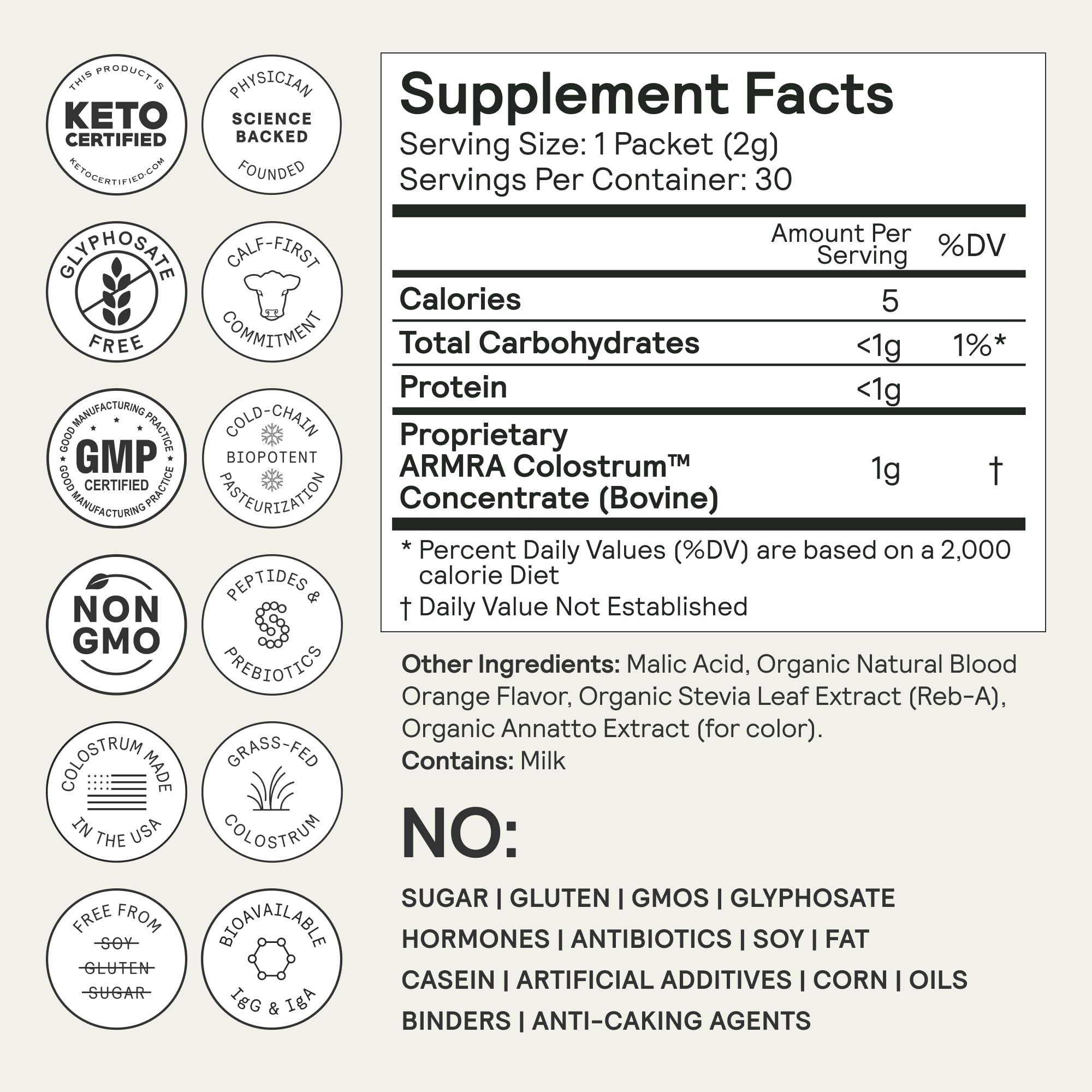 ARMRA Colostrum Concentrate 57g on a kitchen counter