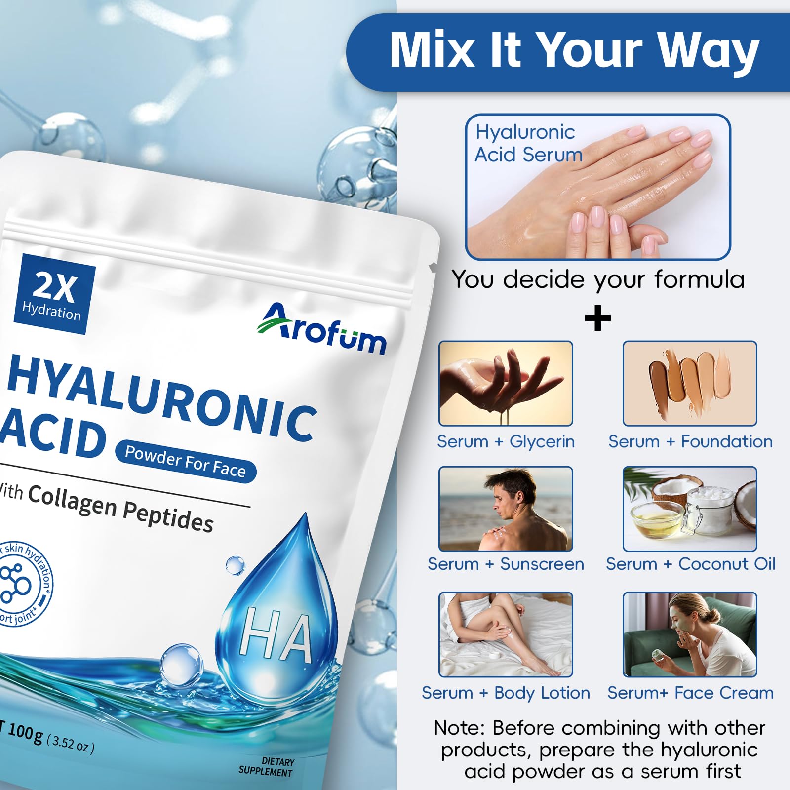 Arofum Hyaluronic Acid Powder 100g in a measuring spoon