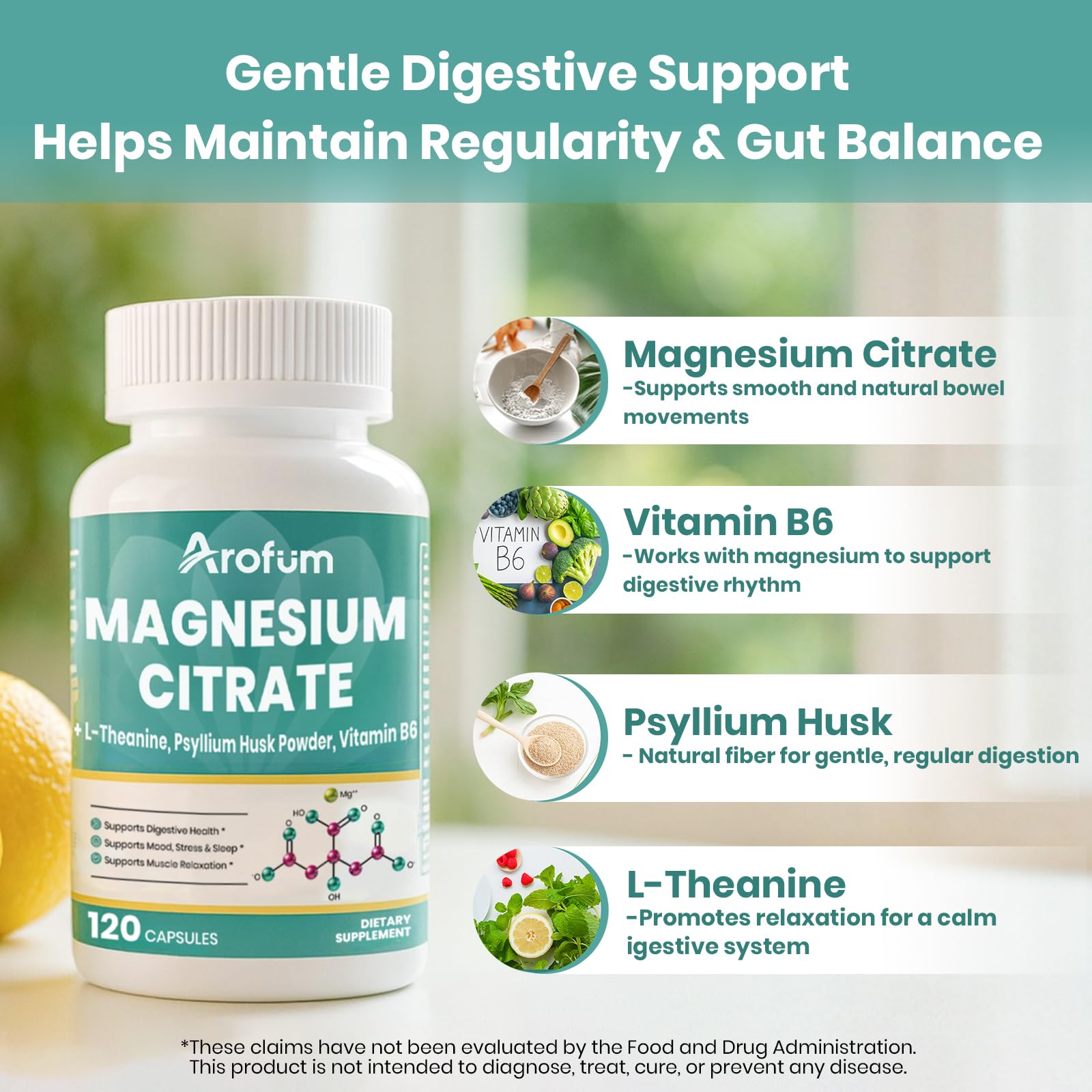 Arofum Magnesium Citrate Supplement 90 Capsules with dosage instructions