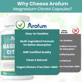 Arofum Magnesium Citrate Supplement capsules on a wooden table