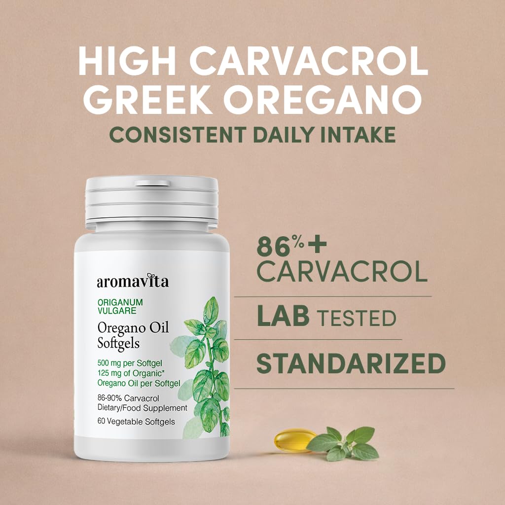AROMAVITA Oregano Oil Softgels side view showing softgel capsules