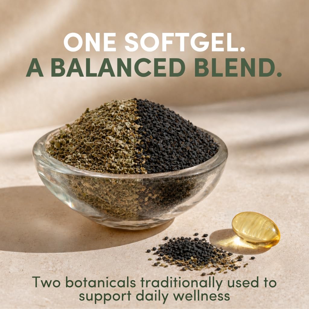 AROMAVITA Organic Oregano Oil & Black Seed Oil Softgels on a wooden table