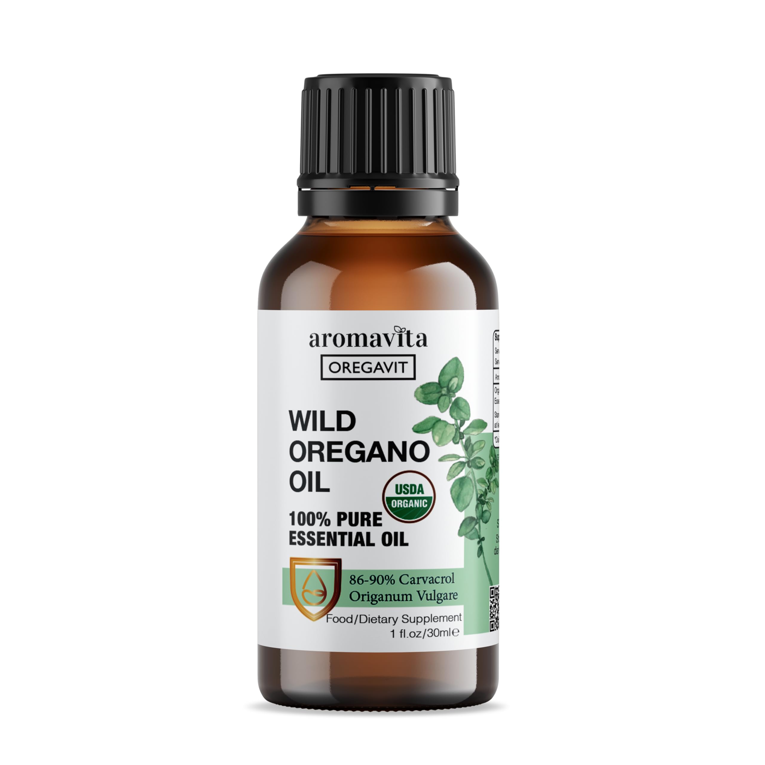 AROMAVITA Wild Oregano Essential Oil label close-up