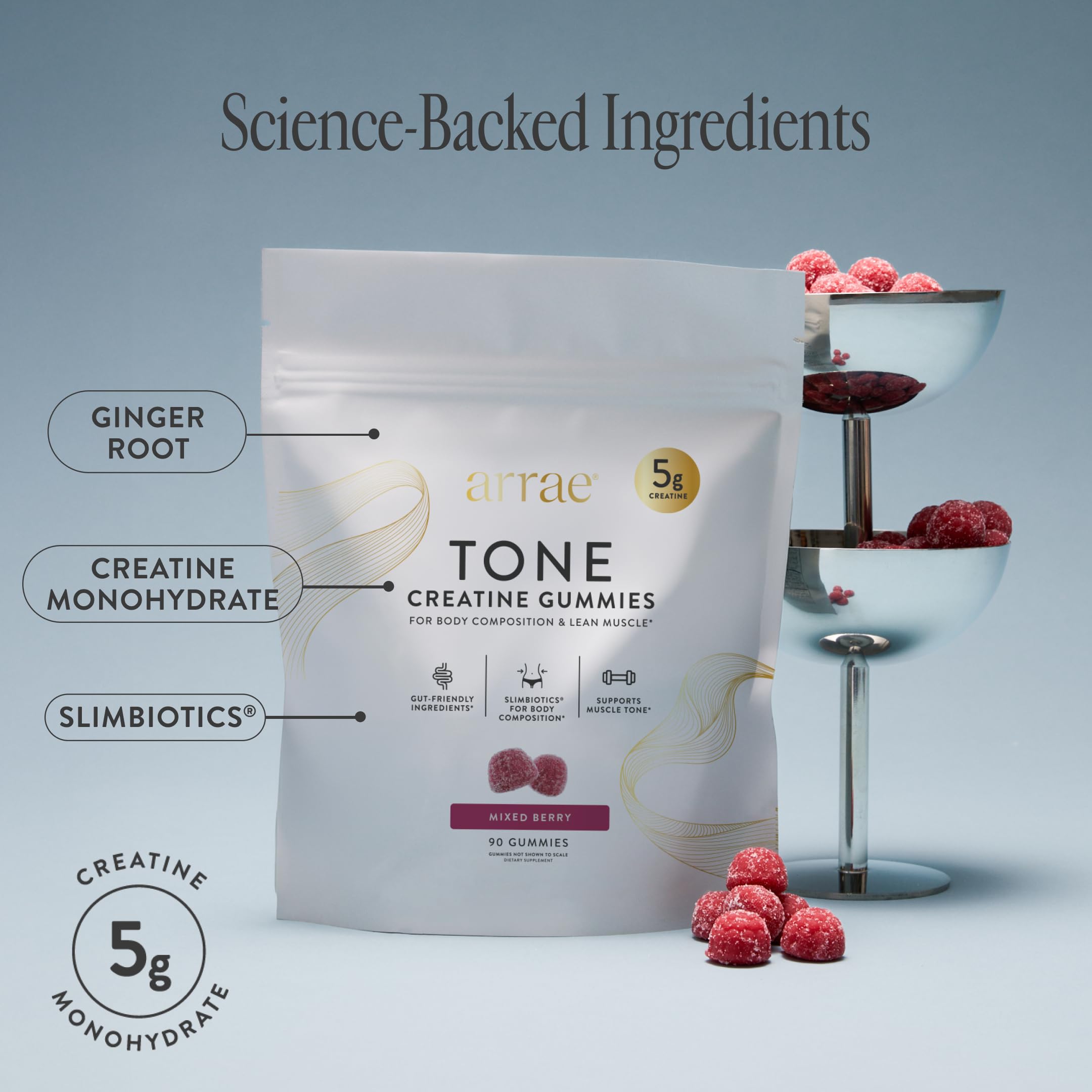 Arrae Tone 90 Gummies on a wooden table
