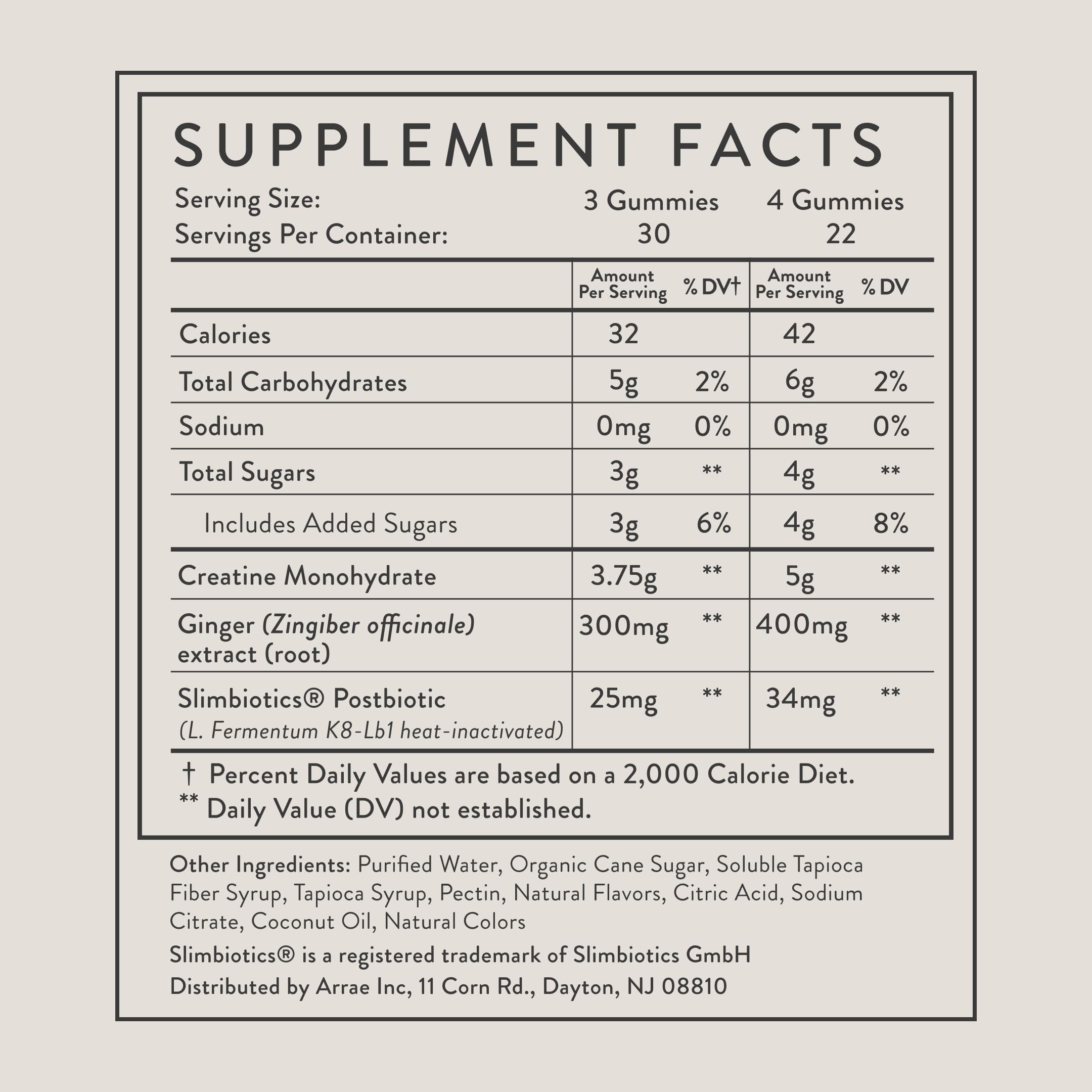 Arrae Tone Creatine Gummies nutritional information on packaging