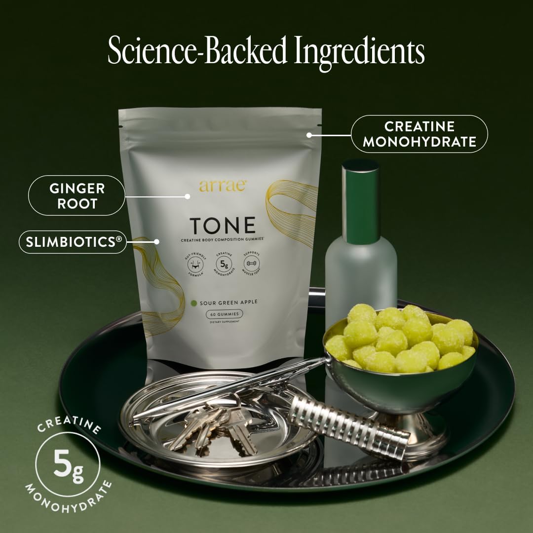 Arrae Tone Creatine Gummies on a wooden table