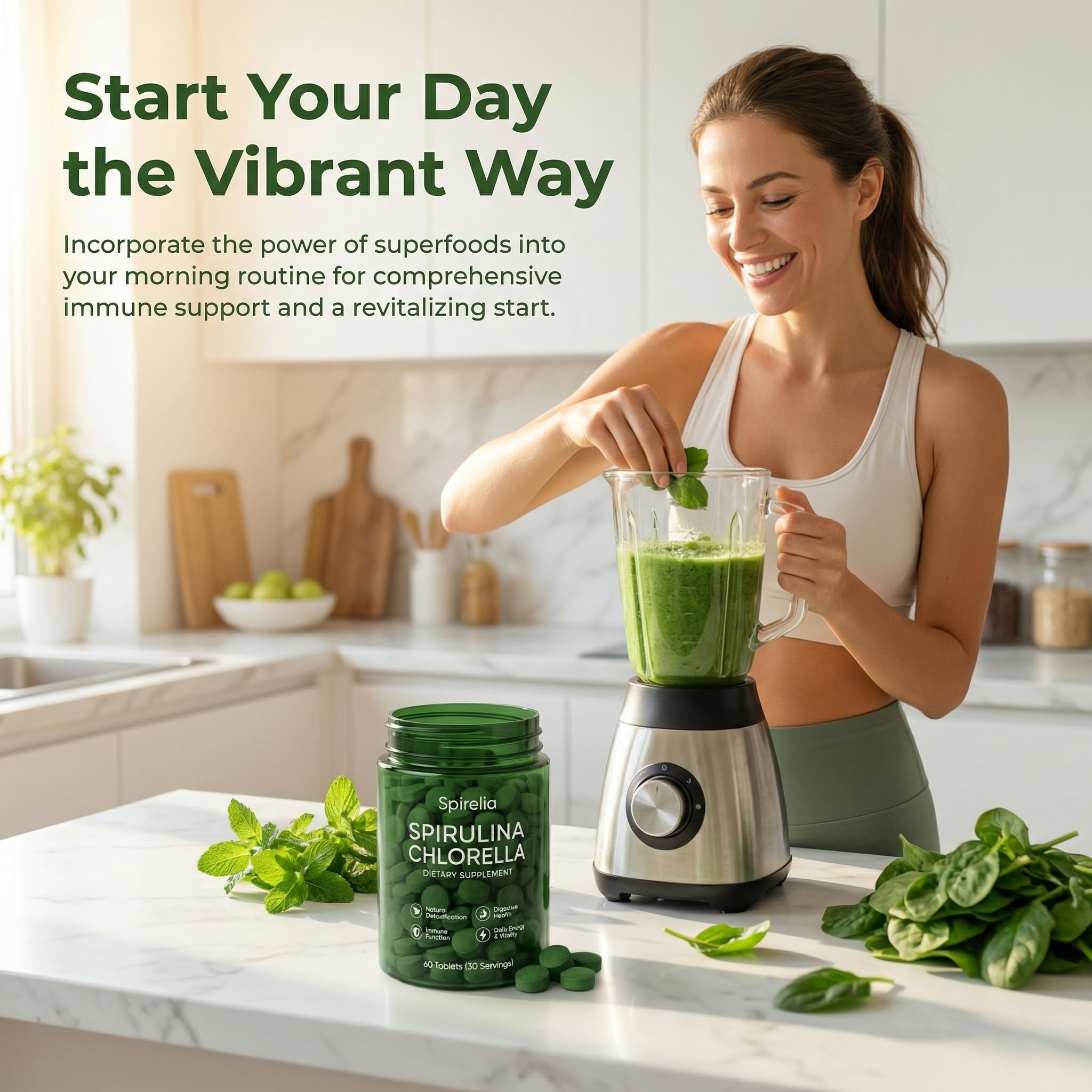 Art anime Chlorella & Spirulina Tablets displayed on a kitchen counter