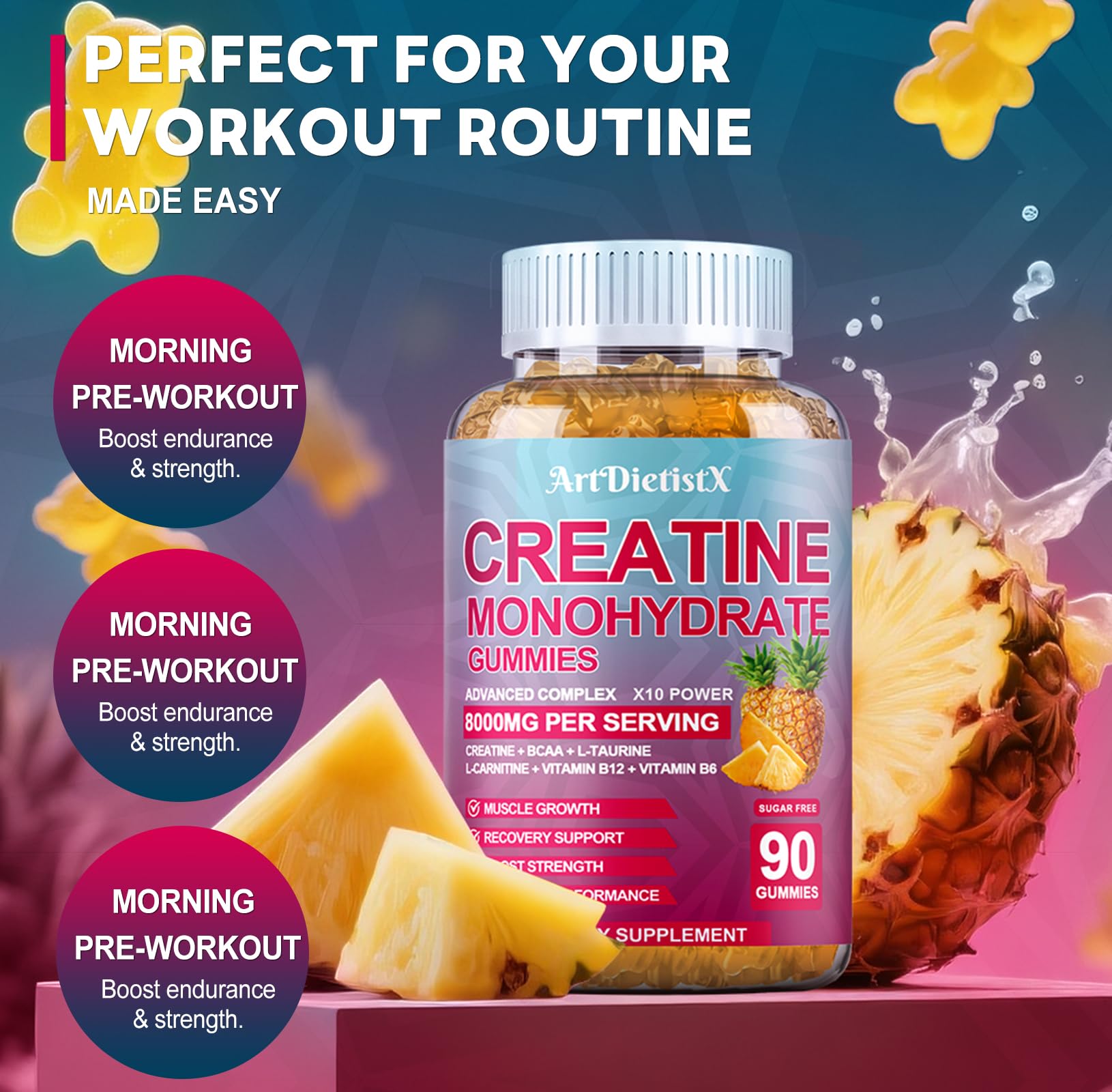 ArtDietistX Creatine Gummies bottle on a gym bench