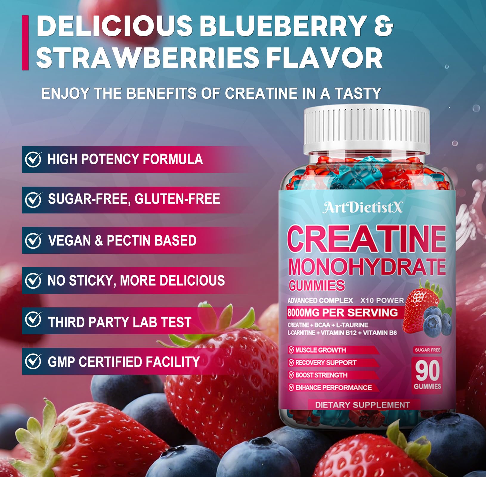 ArtDietistX Creatine Monohydrate Gummies blueberry flavour close-up