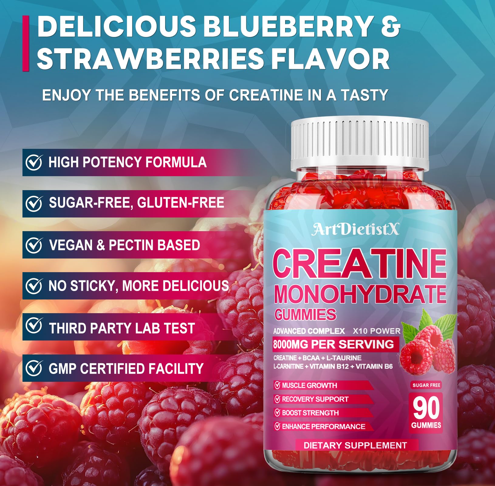 ArtDietistX Creatine Monohydrate Gummies side view showing serving size