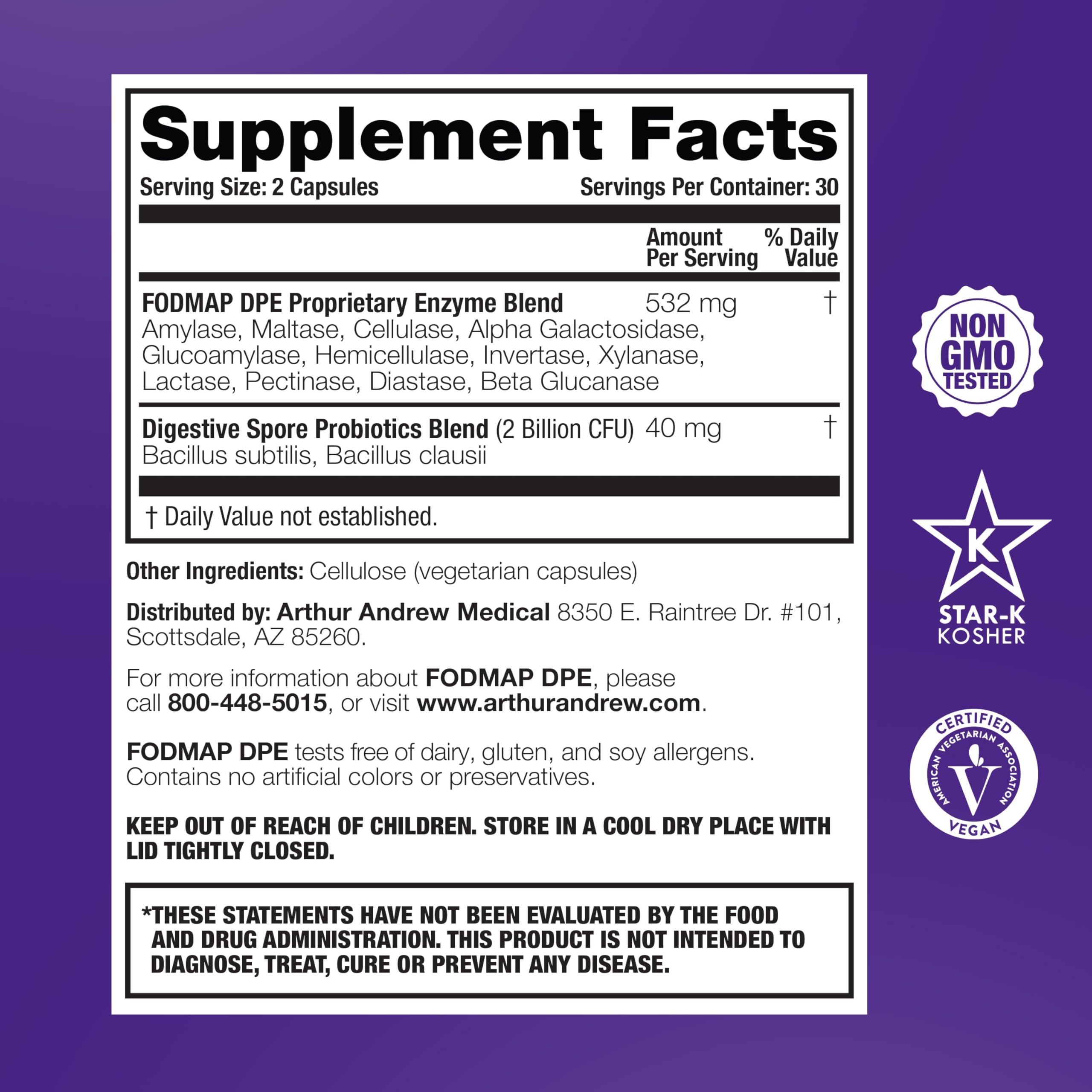 Arthur Andrew Medical FODMAP DPE Multi-Enzyme Supplement packaging details