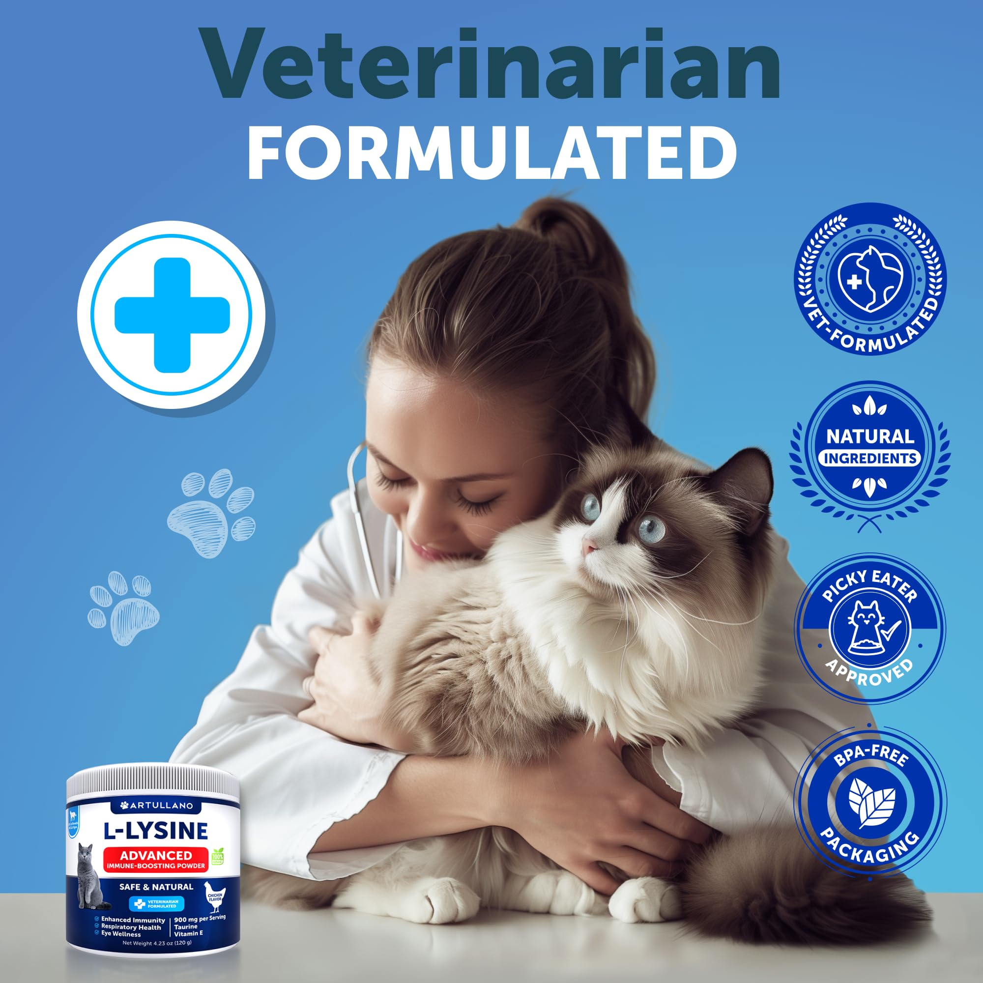 Artullano L-Lysine Powder for Cats with a cat