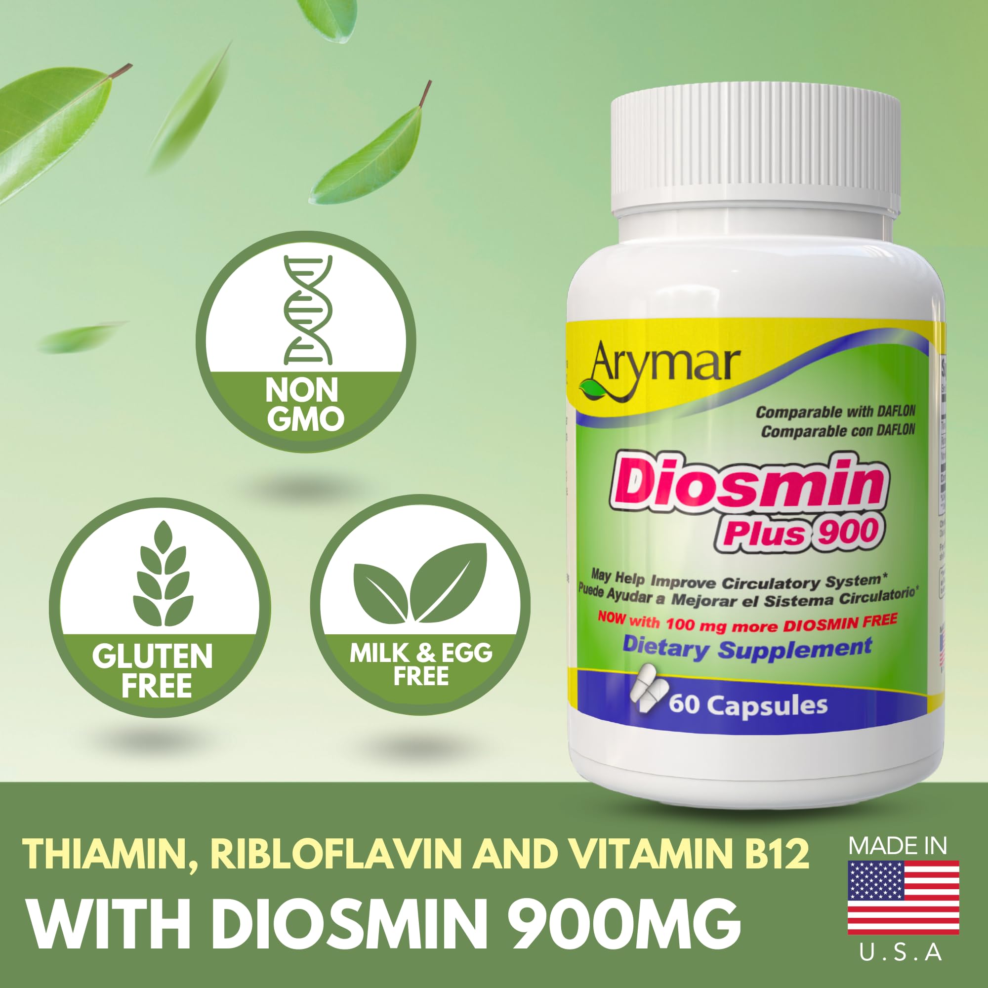 Arymar Diosmin Plus 900 bottle with a background of citrus fruits