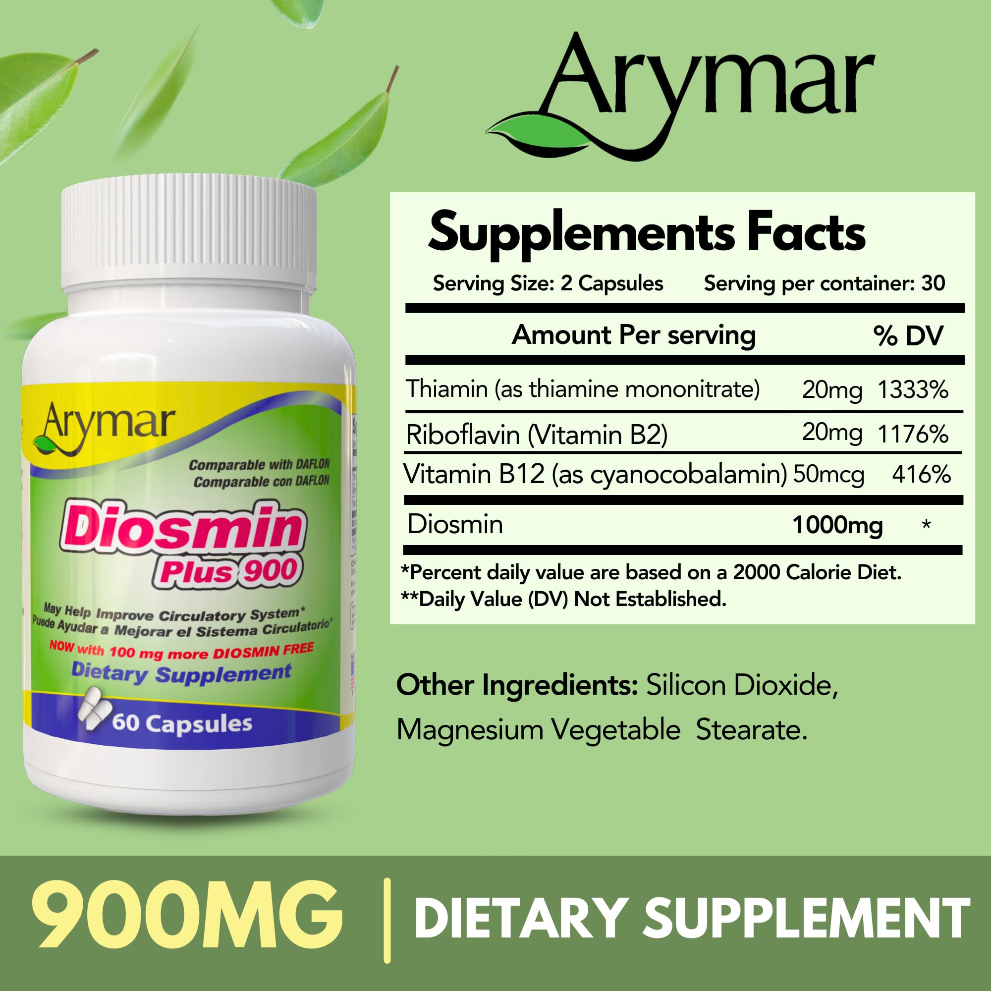 Arymar Diosmin Plus 900 bottle with a measuring spoon for dosage