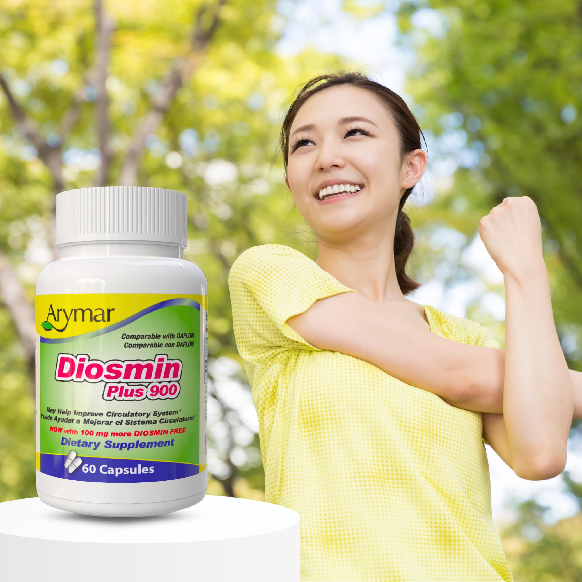 Arymar Diosmin Plus 900 capsules displayed on a wooden table
