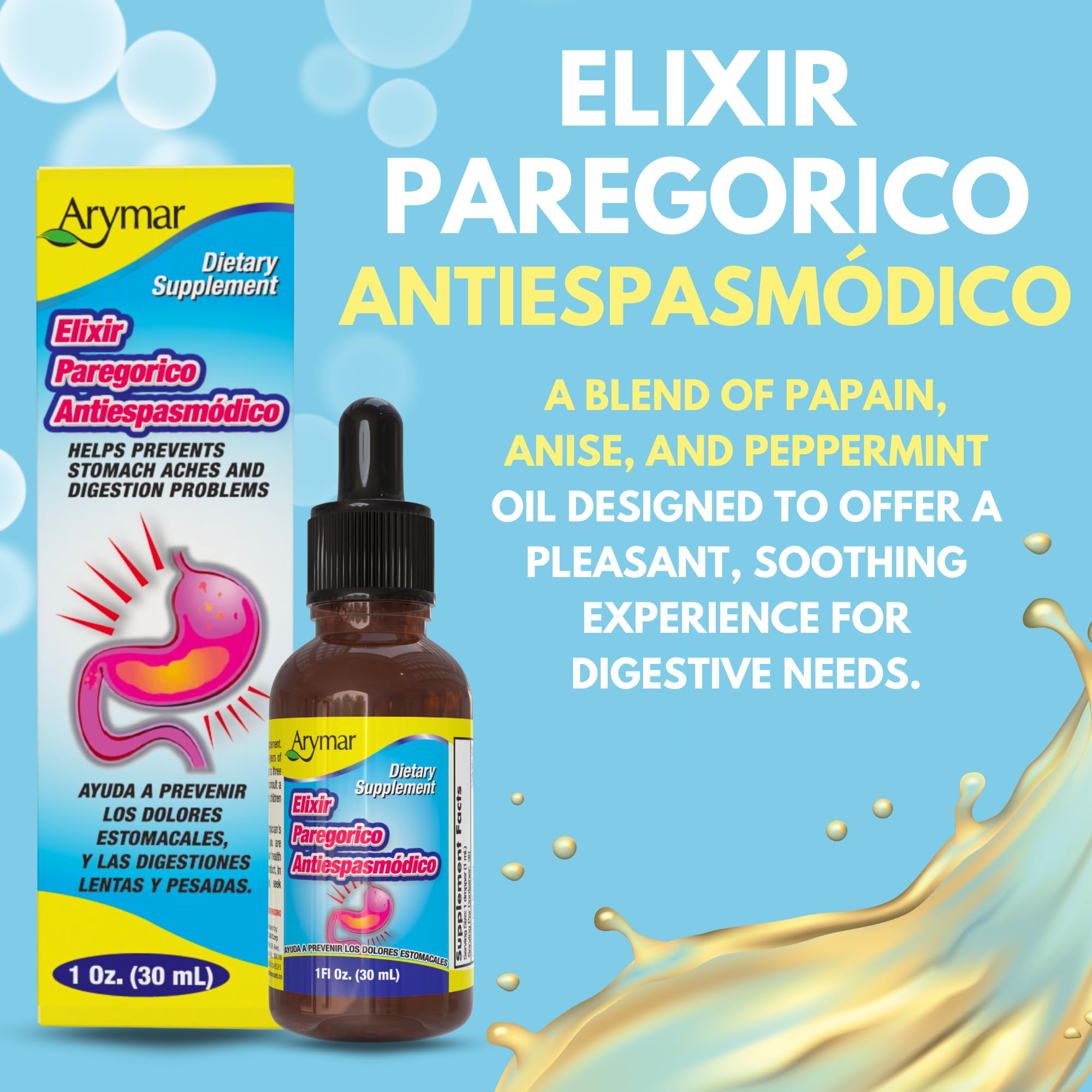 Arymar Elixir Paregorico Antiespasmodico 1oz liquid supplement bottle on a table
