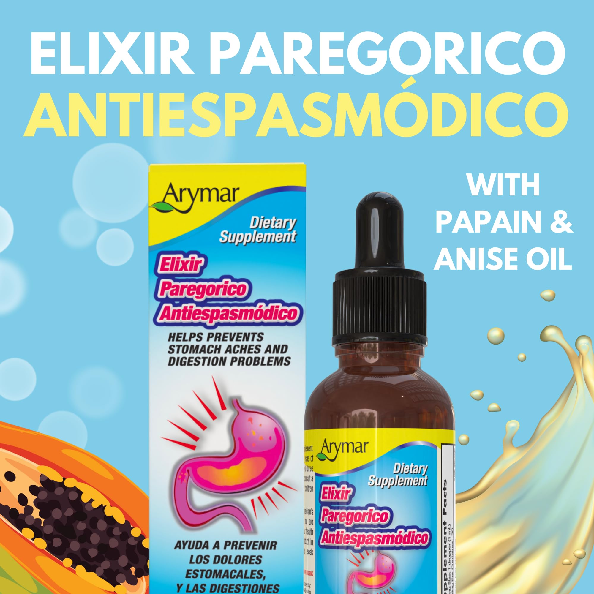 Arymar Elixir Paregorico Antiespasmodico 1oz liquid supplement side view