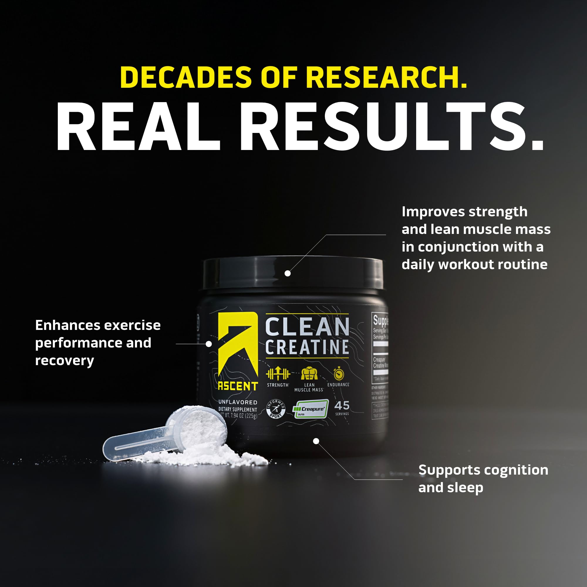Ascent Clean Creatine Monohydrate 225g side view