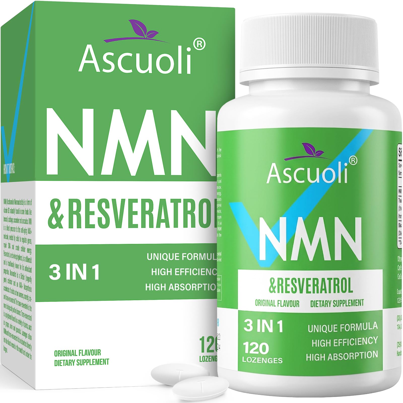 Ascuoli NMN 500mg + Trans-Resveratrol 400mg Supplement bottle front view