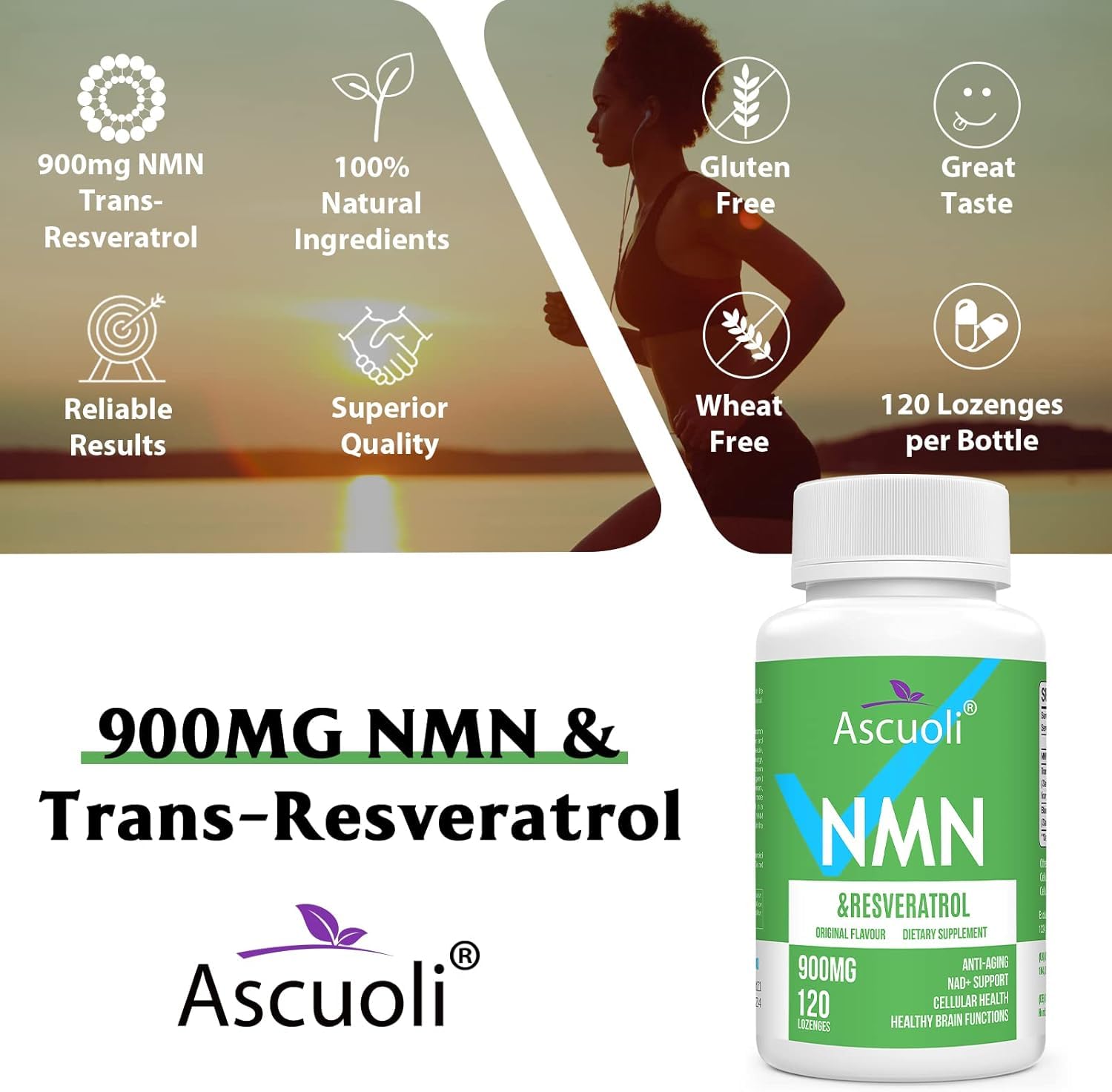 Ascuoli NMN 500mg + Trans-Resveratrol 400mg Supplement tablets on a table
