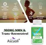 Ascuoli NMN 500mg + Trans-Resveratrol 400mg Supplement tablets on a table