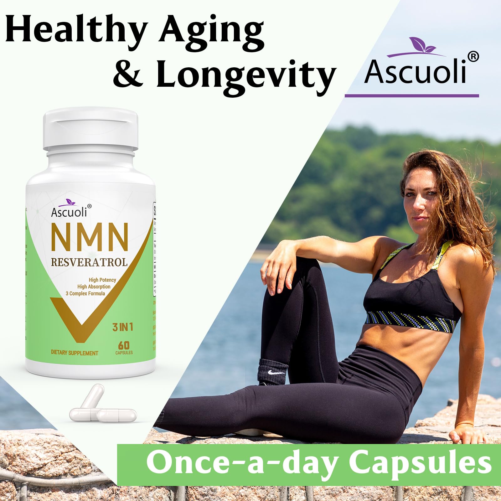 Ascuoli NMN 500mg + Trans-Resveratrol 600mg supplement bottle back view