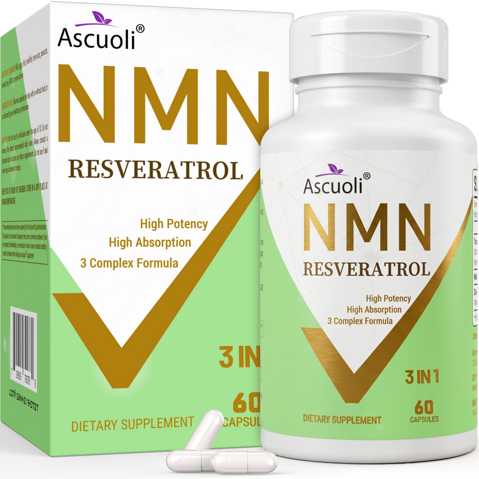 Ascuoli NMN 500mg + Trans-Resveratrol 600mg supplement bottle front view
