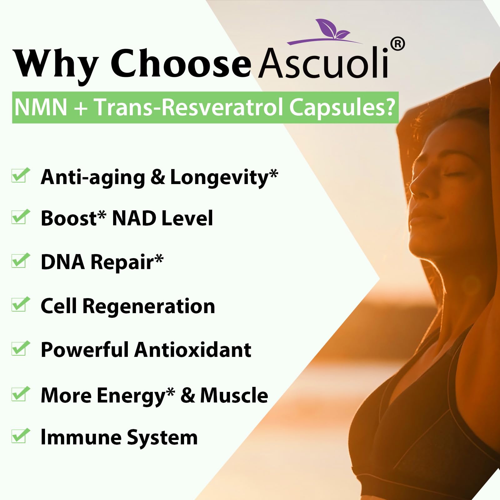 Ascuoli NMN 500mg + Trans-Resveratrol 600mg supplement bottle side view