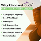 Ascuoli NMN 500mg + Trans-Resveratrol 600mg supplement bottle side view