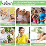 Ascuoli NMN 500mg + Trans-Resveratrol 600mg supplement bottle with a measuring spoon
