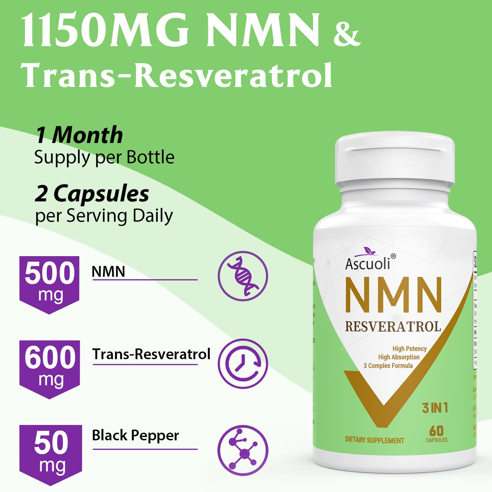 Ascuoli NMN 500mg + Trans-Resveratrol 600mg supplement capsules on a wooden table