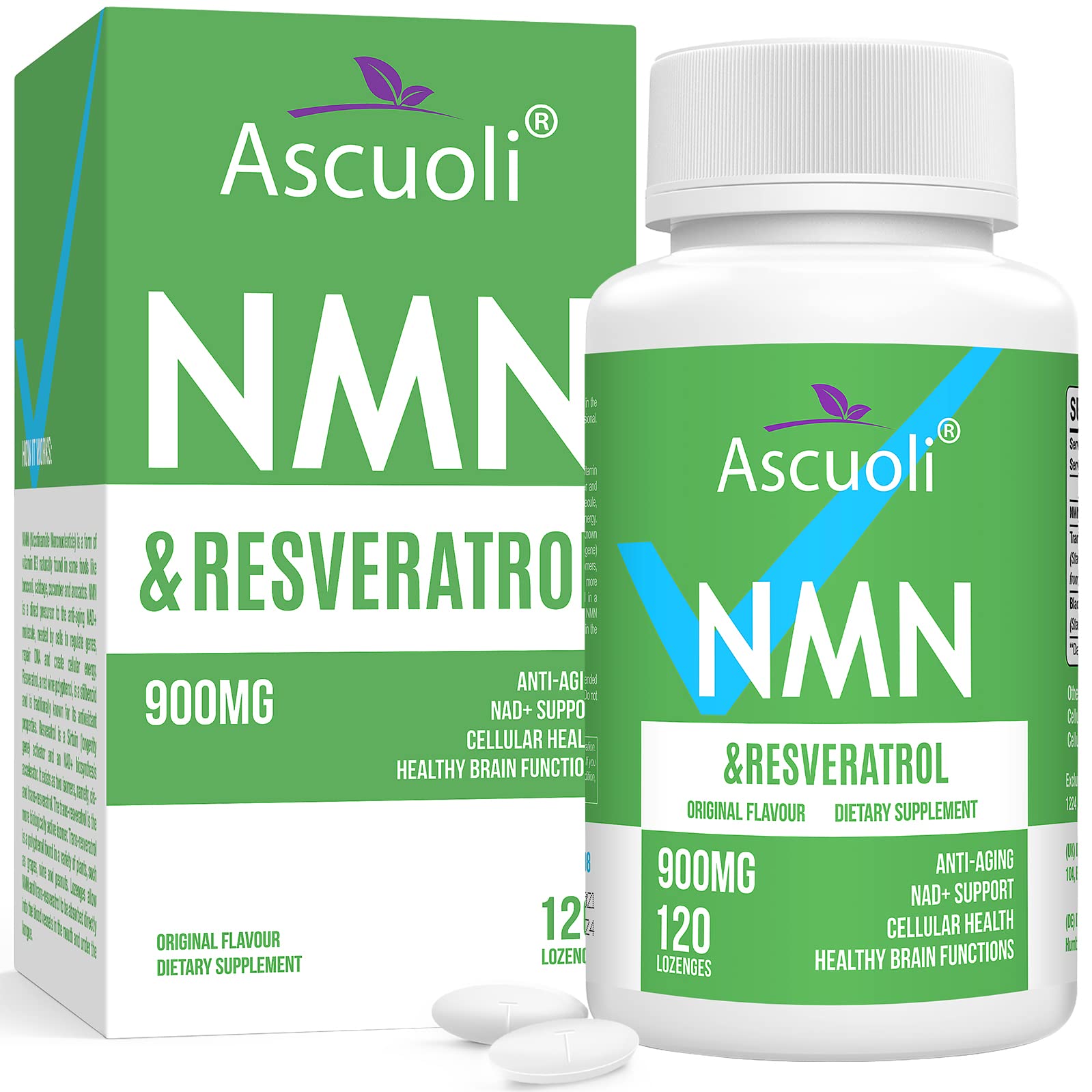 Ascuoli NMN Resveratrol Supplement 500mg 400mg bottle front view