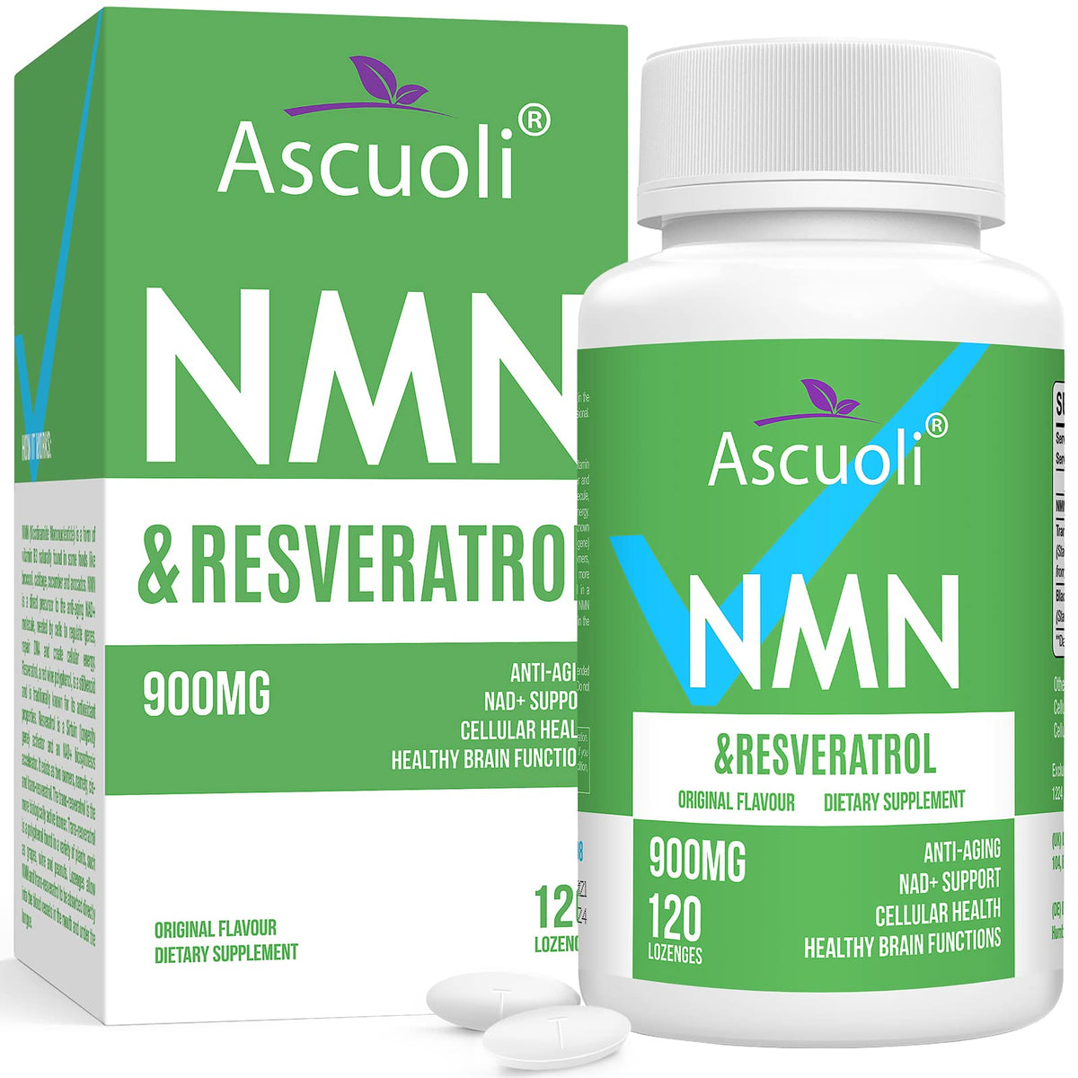 Ascuoli NMN Resveratrol Supplement 500mg 400mg bottle front view